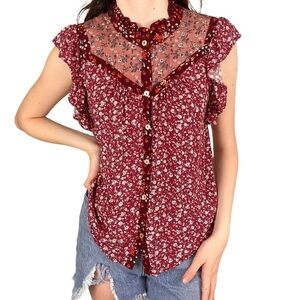 Womens Size Medium Prairie Cottagecore Blouse Ditsy Floral Ruffle Rayon Red Pink